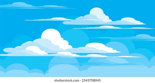 Sky with Clouds illustration in flat style. Sky and clouds background. Cloudy vector cartoon illustration in blue color. Nature abstract wallpaper.