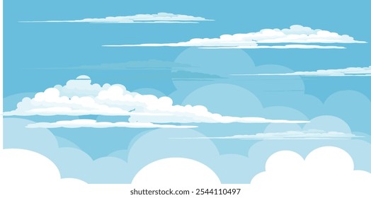 Cielo con la ilustración de las nubes en estilo plano. Cielo y fondo de nubes. Ilustración de dibujos animados de Vector nublado en color azul. Fondo de pantalla abstracto de Naturaleza.