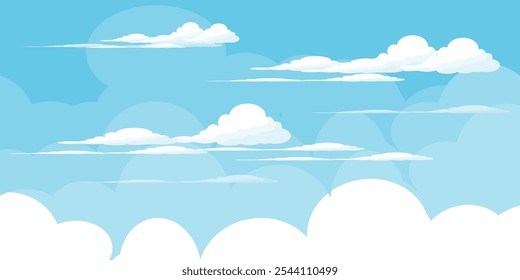 Sky with Clouds illustration in flat style. Sky and clouds background. Cloudy vector cartoon illustration in blue color. Nature abstract wallpaper.