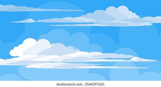Cielo con la ilustración de las nubes en estilo plano. Cielo y fondo de nubes. Ilustración de dibujos animados de Vector nublado en color azul. Fondo de pantalla abstracto de Naturaleza.
