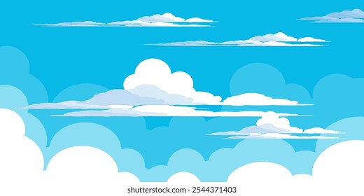 Ilustração de Céu com Nuvens em estilo plano. Fundo do céu e das nuvens. Ilustração de desenho animado de vetor nublado em cor azul. Natureza abstrata papel de parede.