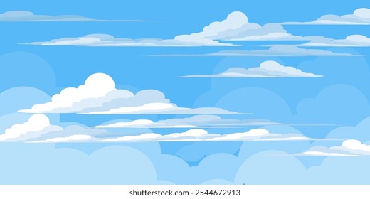 Sky with Clouds illustration in flat style. Sky and clouds background. Cloudy vector cartoon illustration in blue color. Nature abstract wallpaper.
