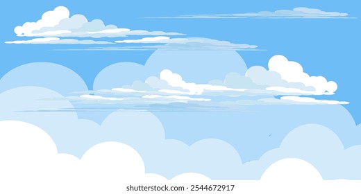 Sky with Clouds illustration in flat style. Sky and clouds background. Cloudy vector cartoon illustration in blue color. Nature abstract wallpaper.