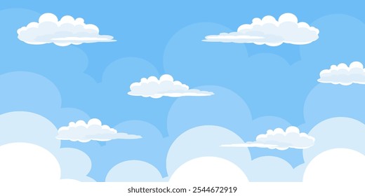 Sky with Clouds illustration in flat style. Sky and clouds background. Cloudy vector cartoon illustration in blue color. Nature abstract wallpaper.