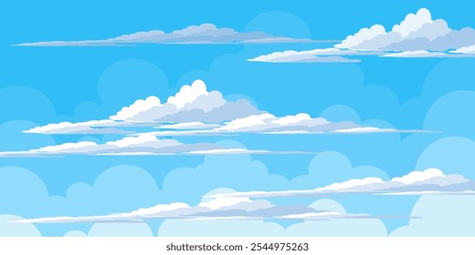 Sky with Clouds illustration in flat style. Sky and clouds background. Cloudy vector cartoon illustration in blue color. Nature abstract wallpaper.