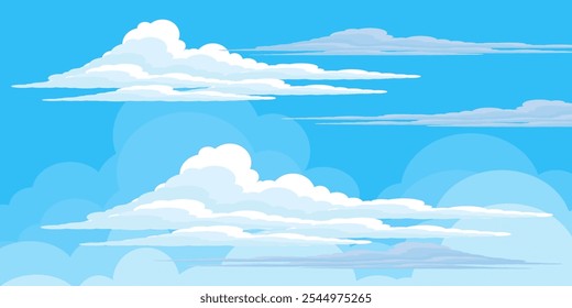 Sky with Clouds illustration in flat style. Sky and clouds background. Cloudy vector cartoon illustration in blue color. Nature abstract wallpaper.