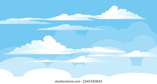 Ilustração de Céu com Nuvens em estilo plano. Fundo do céu e das nuvens. Ilustração de desenho animado de vetor nublado em cor azul. Natureza abstrata papel de parede.