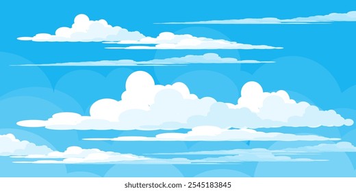Cielo con la ilustración de las nubes en estilo plano. Cielo y fondo de nubes. Ilustración de dibujos animados de Vector nublado en color azul. Fondo de pantalla abstracto de Naturaleza.