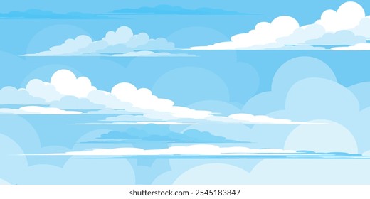 Sky with Clouds illustration in flat style. Sky and clouds background. Cloudy vector cartoon illustration in blue color. Nature abstract wallpaper.