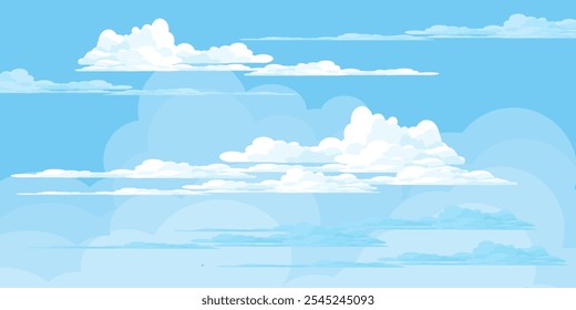 Sky with Clouds illustration in flat style. Sky and clouds background. Cloudy vector cartoon illustration in blue color. Nature abstract wallpaper.