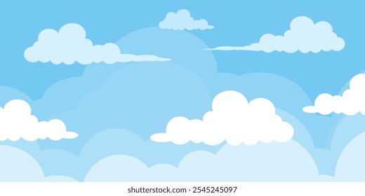 Sky with Clouds illustration in flat style. Sky and clouds background. Cloudy vector cartoon illustration in blue color. Nature abstract wallpaper.