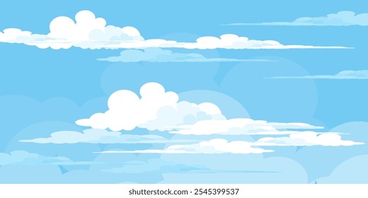 Sky with Clouds illustration in flat style. Sky and clouds background. Cloudy vector cartoon illustration in blue color. Nature abstract wallpaper.