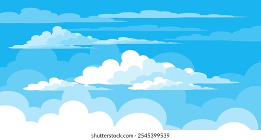 Sky with Clouds illustration in flat style. Sky and clouds background. Cloudy vector cartoon illustration in blue color. Nature abstract wallpaper.