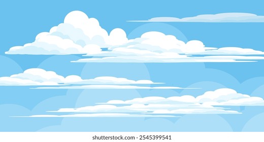 Sky with Clouds illustration in flat style. Sky and clouds background. Cloudy vector cartoon illustration in blue color. Nature abstract wallpaper.