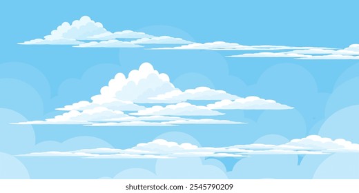 Cielo con la ilustración de las nubes en estilo plano. Cielo y fondo de nubes. Ilustración de dibujos animados de Vector nublado en color azul. Fondo de pantalla abstracto de Naturaleza.
