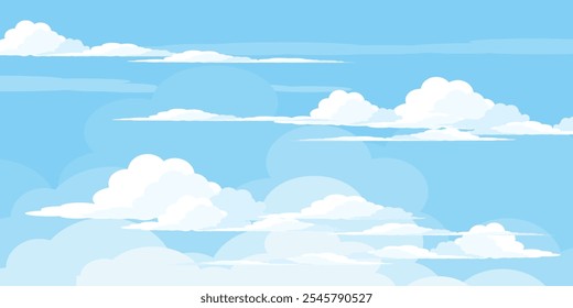 Sky with Clouds illustration in flat style. Sky and clouds background. Cloudy vector cartoon illustration in blue color. Nature abstract wallpaper.