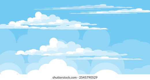 Sky with Clouds illustration in flat style. Sky and clouds background. Cloudy vector cartoon illustration in blue color. Nature abstract wallpaper.