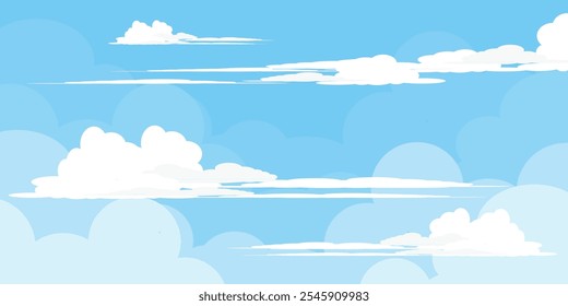 Sky with Clouds illustration in flat style. Sky and clouds background. Cloudy vector cartoon illustration in blue color. Nature abstract wallpaper.