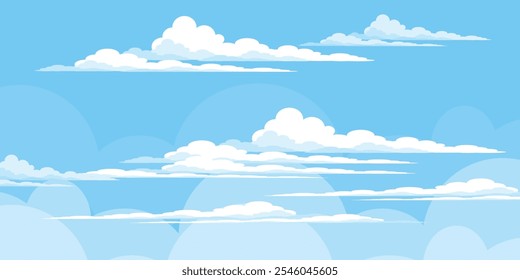 Sky with Clouds illustration in flat style. Sky and clouds background. Cloudy vector cartoon illustration in blue color. Nature abstract wallpaper.