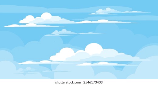 Sky with Clouds illustration in flat style. Sky and clouds background. Cloudy vector cartoon illustration in blue color. Nature abstract wallpaper.