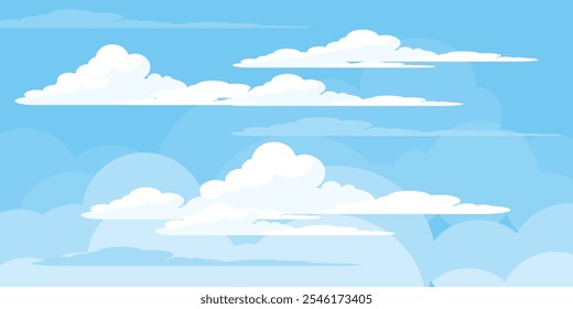 Cielo con la ilustración de las nubes en estilo plano. Cielo y fondo de nubes. Ilustración de dibujos animados de Vector nublado en color azul. Fondo de pantalla abstracto de Naturaleza.