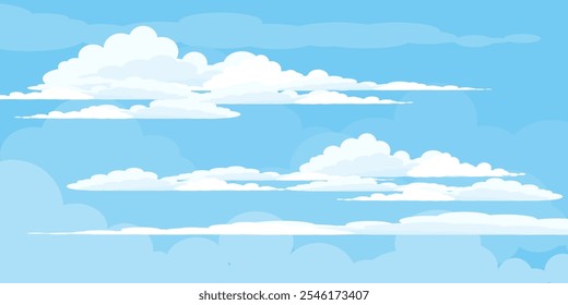 Sky with Clouds illustration in flat style. Sky and clouds background. Cloudy vector cartoon illustration in blue color. Nature abstract wallpaper.