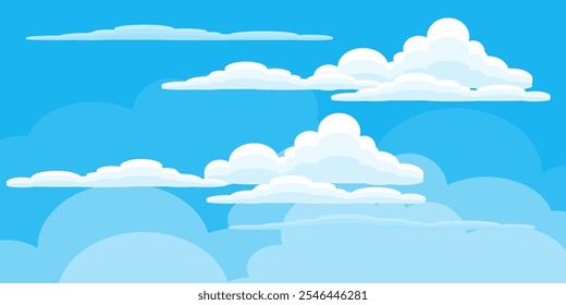 Sky with Clouds illustration in flat style. Sky and clouds background. Cloudy vector cartoon illustration in blue color. Nature abstract wallpaper.