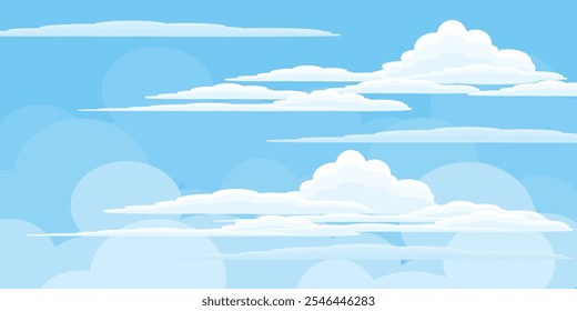 Sky with Clouds illustration in flat style. Sky and clouds background. Cloudy vector cartoon illustration in blue color. Nature abstract wallpaper.