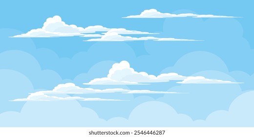 Sky with Clouds illustration in flat style. Sky and clouds background. Cloudy vector cartoon illustration in blue color. Nature abstract wallpaper.