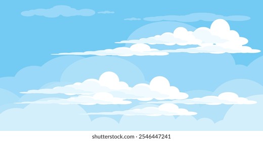Cielo con la ilustración de las nubes en estilo plano. Cielo y fondo de nubes. Ilustración de dibujos animados de Vector nublado en color azul. Fondo de pantalla abstracto de Naturaleza.