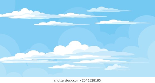 Sky with Clouds illustration in flat style. Sky and clouds background. Cloudy vector cartoon illustration in blue color. Nature abstract wallpaper.