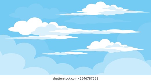 Sky with Clouds illustration in flat style. Sky and clouds background. Cloudy vector cartoon illustration in blue color. Nature abstract wallpaper.