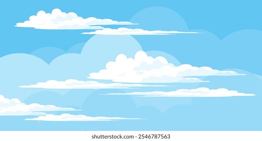 Cielo con la ilustración de las nubes en estilo plano. Cielo y fondo de nubes. Ilustración de dibujos animados de Vector nublado en color azul. Fondo de pantalla abstracto de Naturaleza.