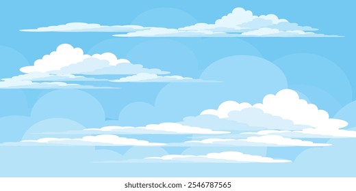 Sky with Clouds illustration in flat style. Sky and clouds background. Cloudy vector cartoon illustration in blue color. Nature abstract wallpaper.