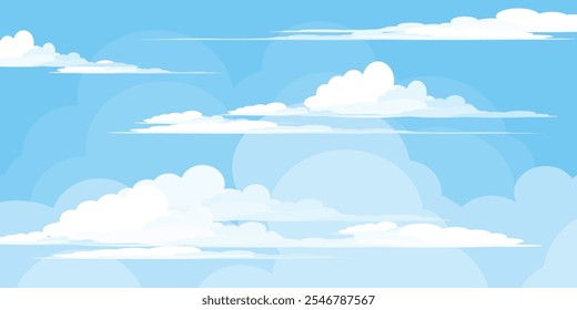 Cielo con la ilustración de las nubes en estilo plano. Cielo y fondo de nubes. Ilustración de dibujos animados de Vector nublado en color azul. Fondo de pantalla abstracto de Naturaleza.