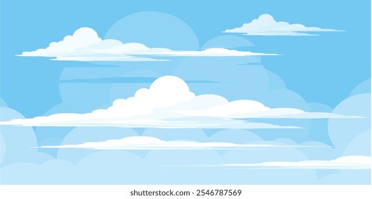 Sky with Clouds illustration in flat style. Sky and clouds background. Cloudy vector cartoon illustration in blue color. Nature abstract wallpaper.