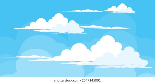 Himmel mit Wolken Illustration im flachen Stil. Himmel und Wolken Hintergrund. Trübe Vektorkarikatur in blauer Farbe. Natur abstrakte Tapete.