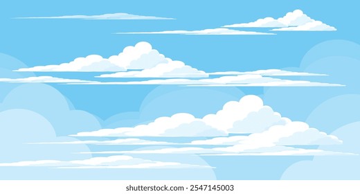 Himmel mit Wolken Illustration im flachen Stil. Himmel und Wolken Hintergrund. Trübe Vektorkarikatur in blauer Farbe. Natur abstrakte Tapete.