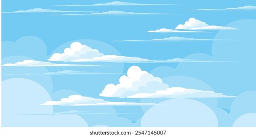 Cielo con la ilustración de las nubes en estilo plano. Cielo y fondo de nubes. Ilustración de dibujos animados de Vector nublado en color azul. Fondo de pantalla abstracto de Naturaleza.
