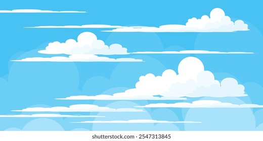 Sky with Clouds illustration in flat style. Sky and clouds background. Cloudy vector cartoon illustration in blue color. Nature abstract wallpaper.