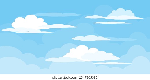 Sky with Clouds illustration in flat style. Sky and clouds background. Cloudy vector cartoon illustration in blue color. Nature abstract wallpaper.