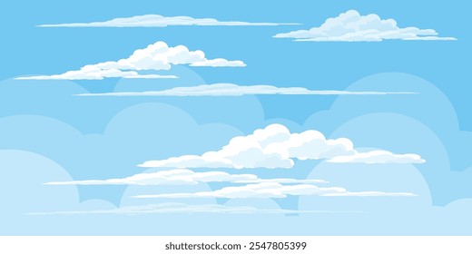 Sky with Clouds illustration in flat style. Sky and clouds background. Cloudy vector cartoon illustration in blue color. Nature abstract wallpaper.