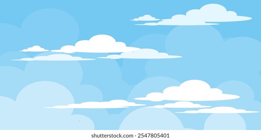 Ilustração de Céu com Nuvens em estilo plano. Fundo do céu e das nuvens. Ilustração de desenho animado de vetor nublado em cor azul. Natureza abstrata papel de parede.