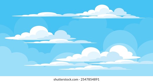 Sky with Clouds illustration in flat style. Sky and clouds background. Cloudy vector cartoon illustration in blue color. Nature abstract wallpaper.