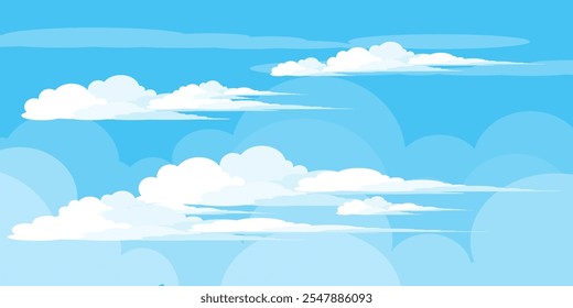 Sky with Clouds illustration in flat style. Sky and clouds background. Cloudy vector cartoon illustration in blue color. Nature abstract wallpaper.