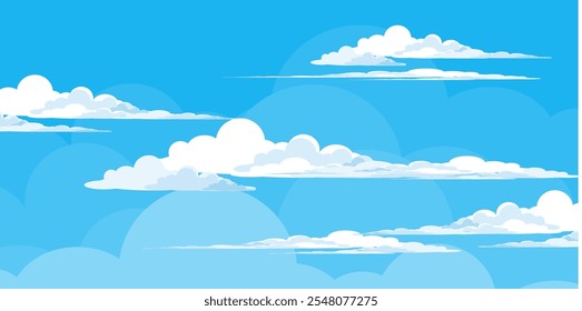 Cielo con la ilustración de las nubes en estilo plano. Cielo y fondo de nubes. Ilustración de dibujos animados de Vector nublado en color azul. Fondo de pantalla abstracto de Naturaleza.