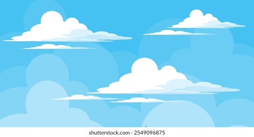 Sky with Clouds illustration in flat style. Sky and clouds background. Cloudy vector cartoon illustration in blue color. Nature abstract wallpaper.
