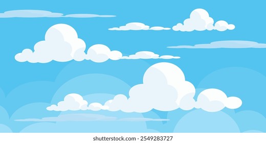 Sky with Clouds illustration in flat style. Sky and clouds background. Cloudy vector cartoon illustration in blue color. Nature abstract wallpaper.