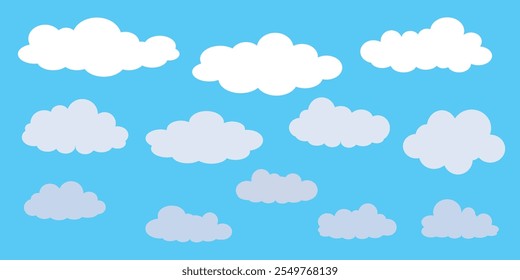 Cielo con la ilustración de las nubes en estilo plano. Cielo y fondo de nubes. Ilustración de dibujos animados de Vector nublado en color azul. Fondo de pantalla abstracto de Naturaleza.