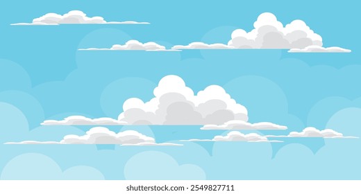 Himmel mit Wolken Illustration im flachen Stil. Himmel und Wolken Hintergrund. Trübe Vektorkarikatur in blauer Farbe. Natur abstrakte Tapete.